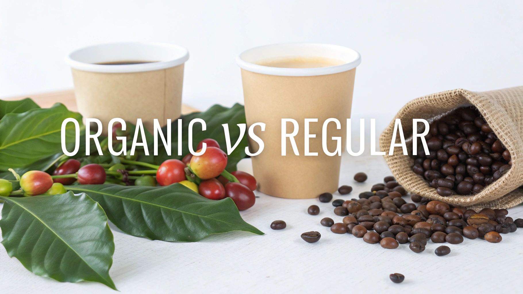 Organic coffee cherries and leaves next to roasted beans and coffee cups, titled 'Organic vs Regular'.
