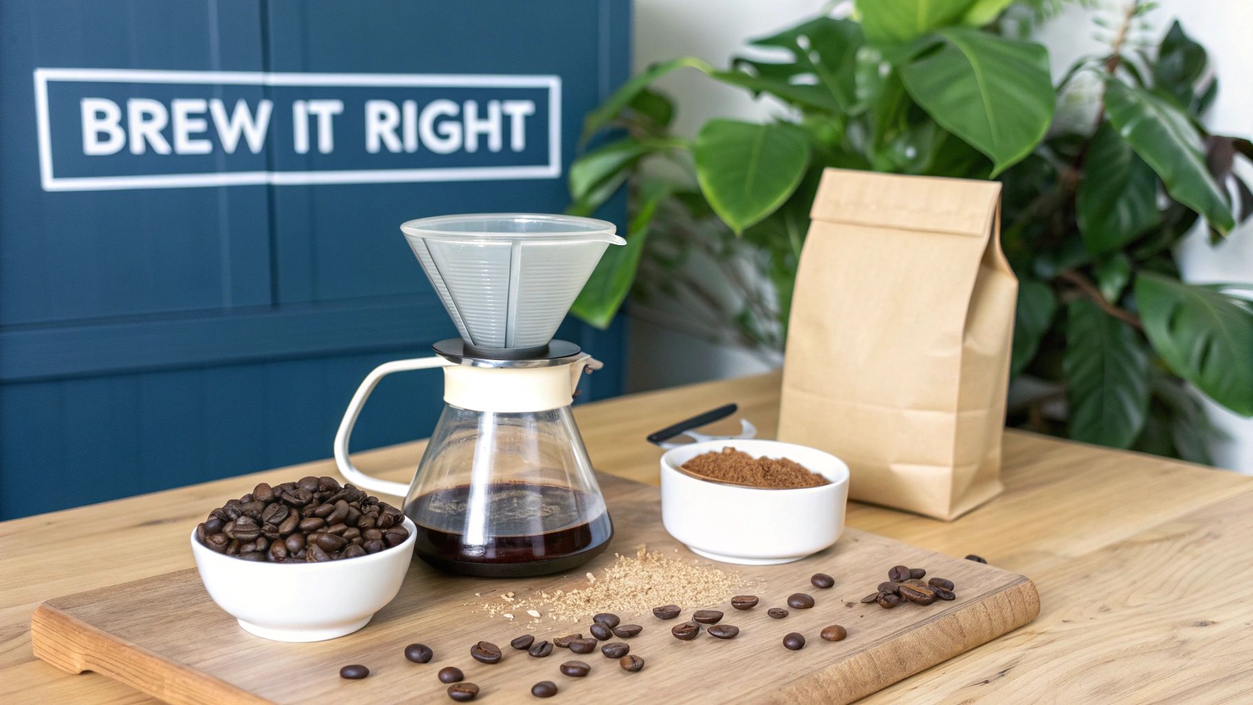 A person pouring hot water over freshly ground organic coffee in a pour-over brewer.
