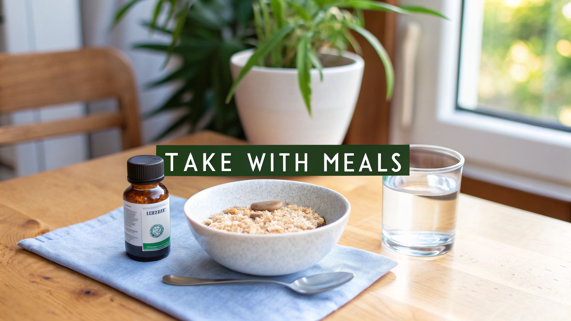 A person adding a supplement capsule to their daily routine alongside a healthy breakfast and a cup of coffee.
