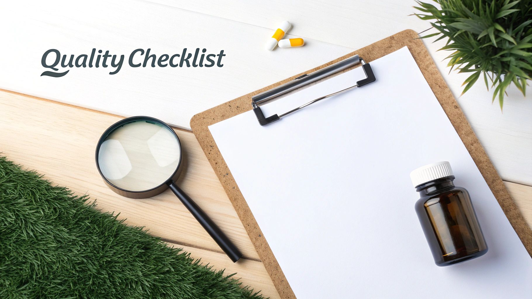 A flat lay image showing a 'Quality Checklist' on a clipboard with pills and a magnifying glass.
