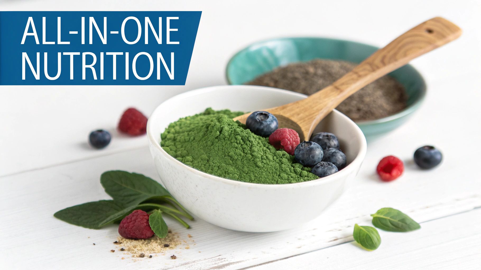 A vibrant green superfood powder being scooped out of a jar.