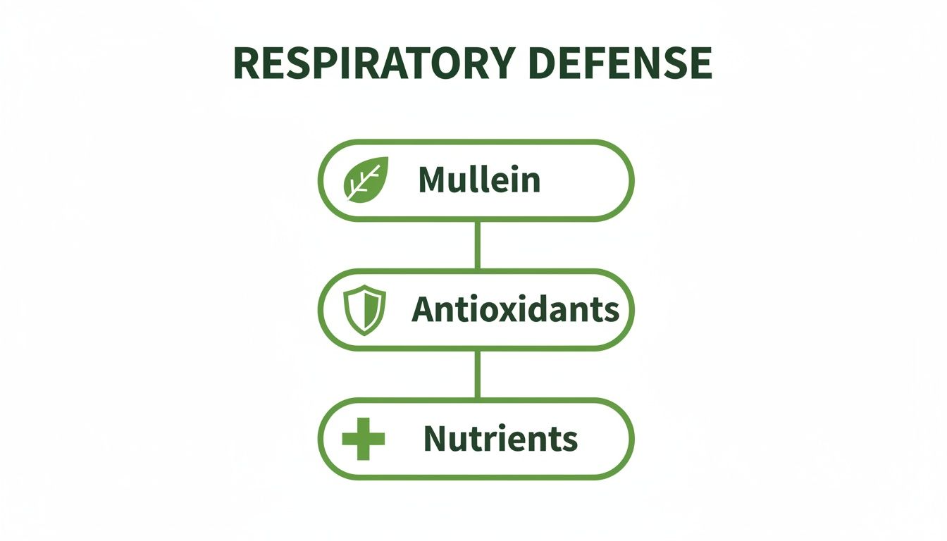A green diagram outlining respiratory defense, featuring mullein, antioxidants, and nutrients.