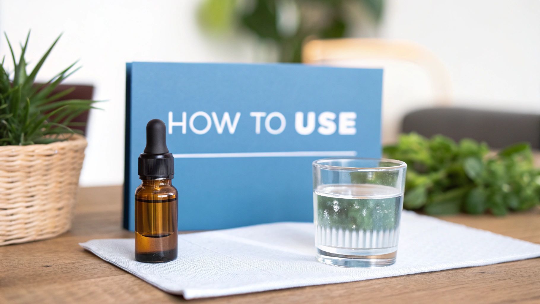 An amber dropper bottle and a glass of water on a table with a 'How To Use' guide.