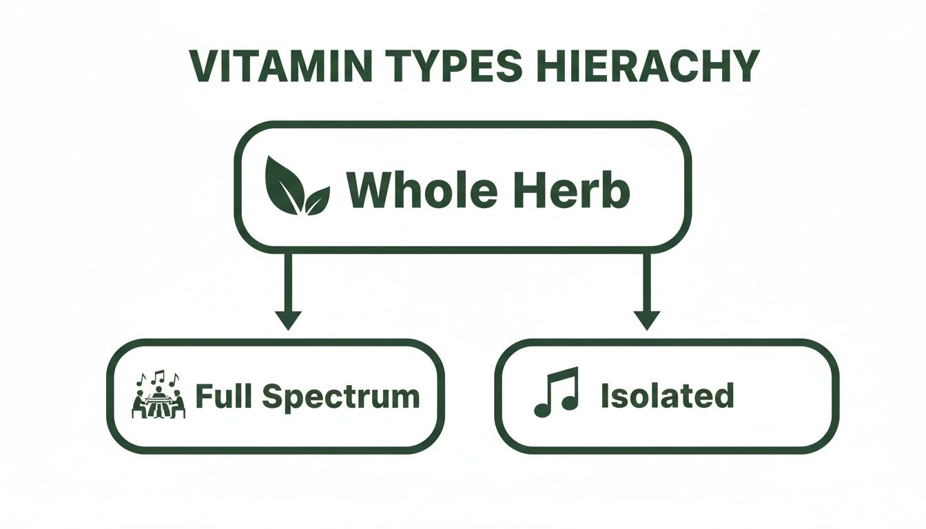 Hierarchy diagram showing vitamin types: Whole Herb at the top, branching to Full Spectrum and Isolated.
