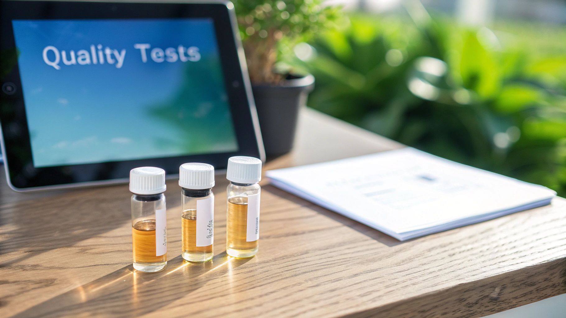Three small vials containing amber liquid on a wooden table with a tablet displaying 'Quality Tests'.