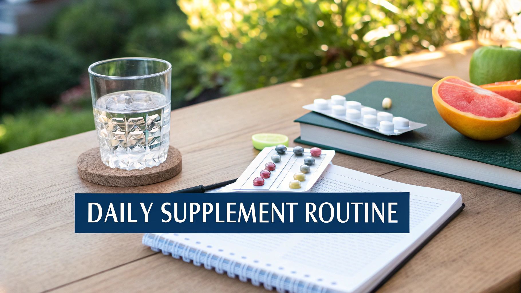 A person's hand holding a whole food vitamin capsule with a glass of water on a clean, bright kitchen counter.