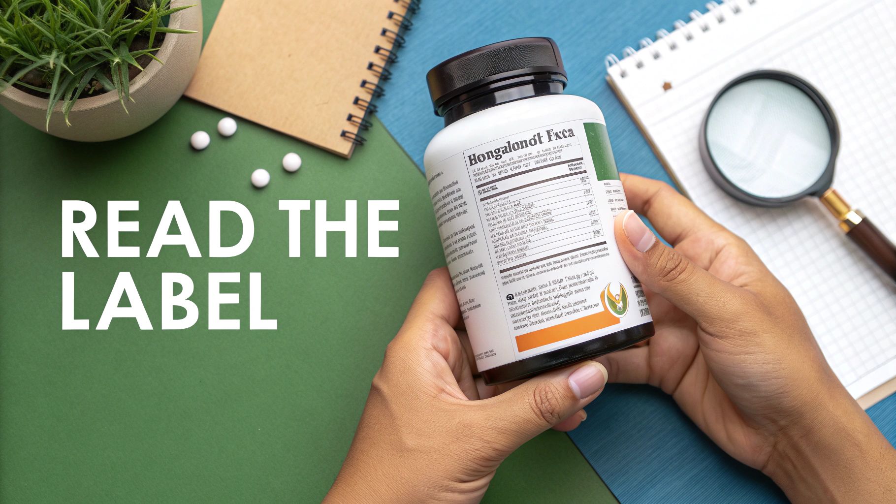 A magnifying glass held over a supplement bottle label, focusing on the ingredient list.