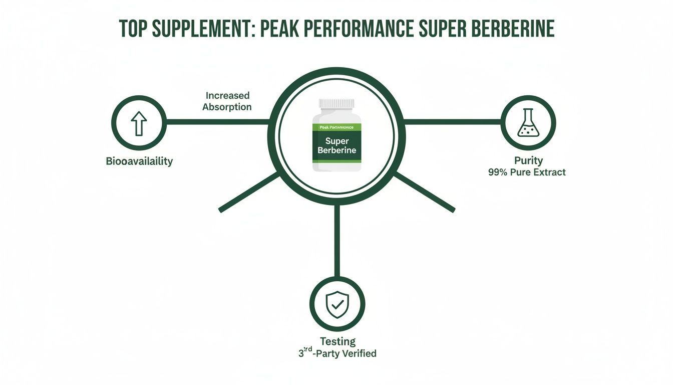 Peak Performance Super Berberine supplement bottle highlighting its bioavailability, purity, and third-party testing.