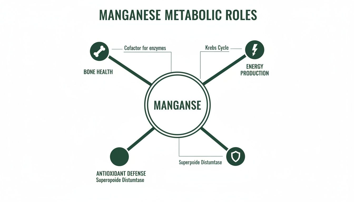 Diagram illustrating manganese metabolic roles: bone health, energy production, and antioxidant defense.