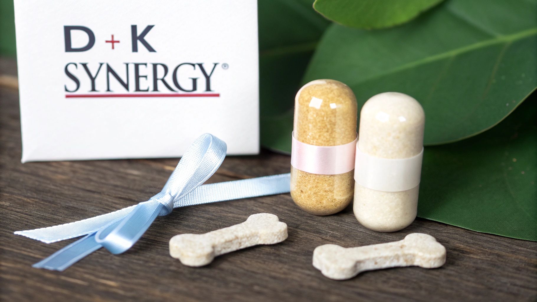 D+K Synergy supplement box, two capsules, bone-shaped pet treats, and blue ribbon on wood.