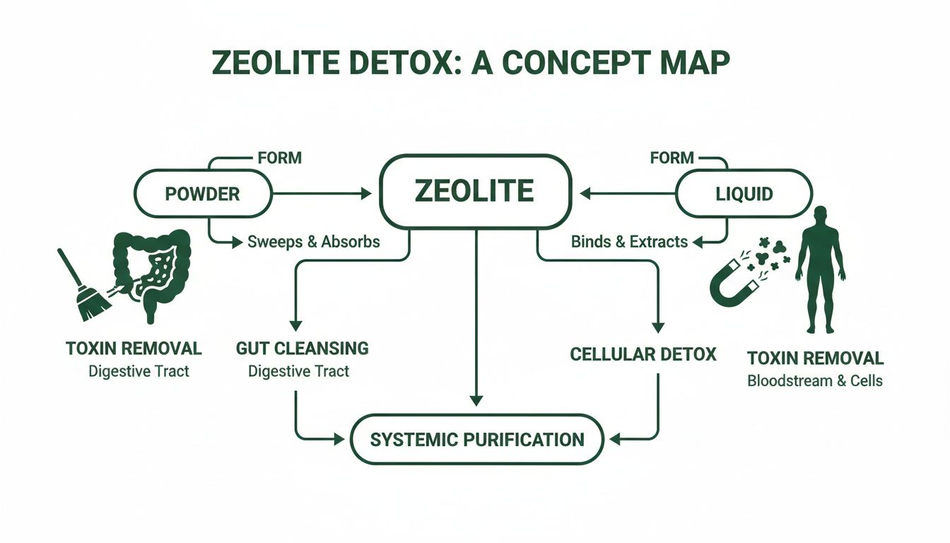 A concept map illustrates Zeolite detox, showing powder and liquid forms leading to systemic purification.