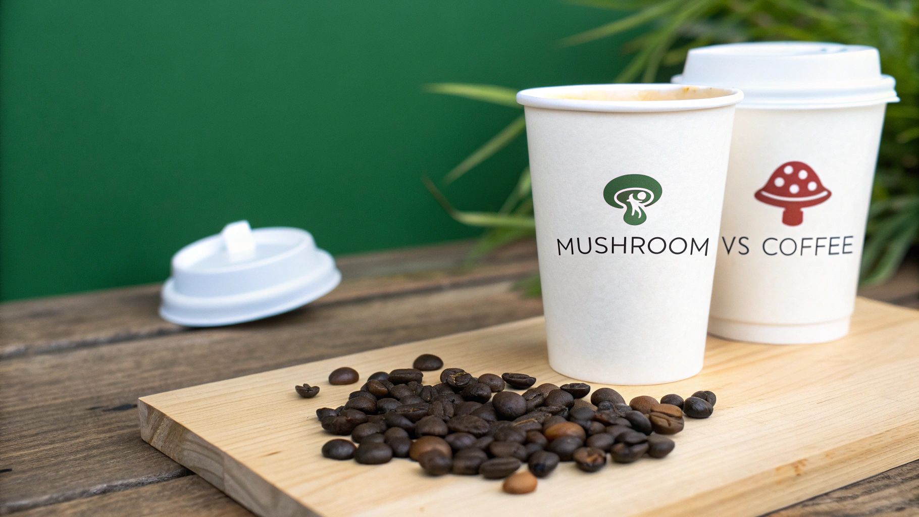 A split image showing a cup of dark regular coffee on one side and a cup of mushroom coffee with mushrooms next to it on the other side.