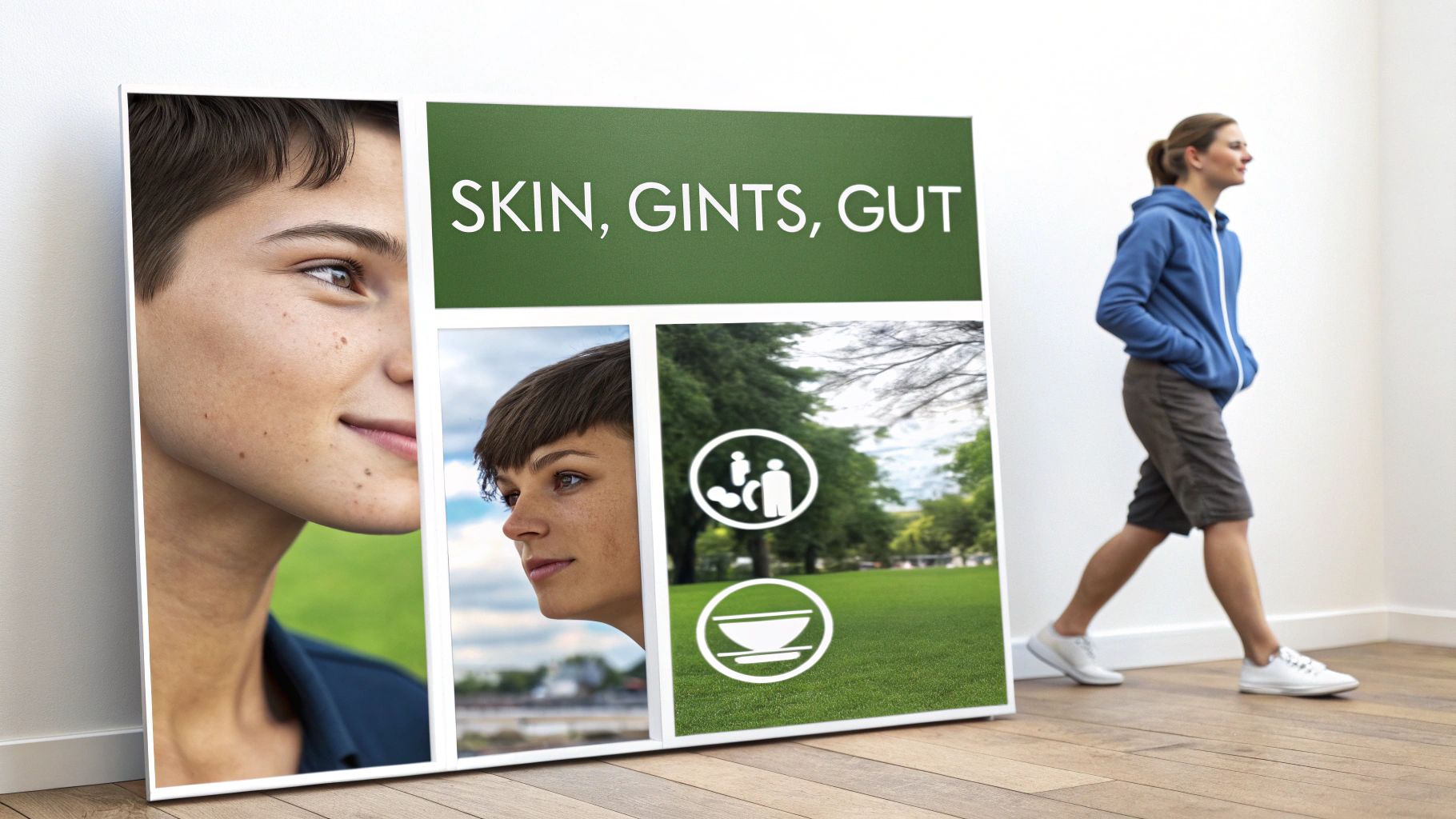 Health and wellness poster showing skin, gints, gut connection with outdoor lifestyle imagery