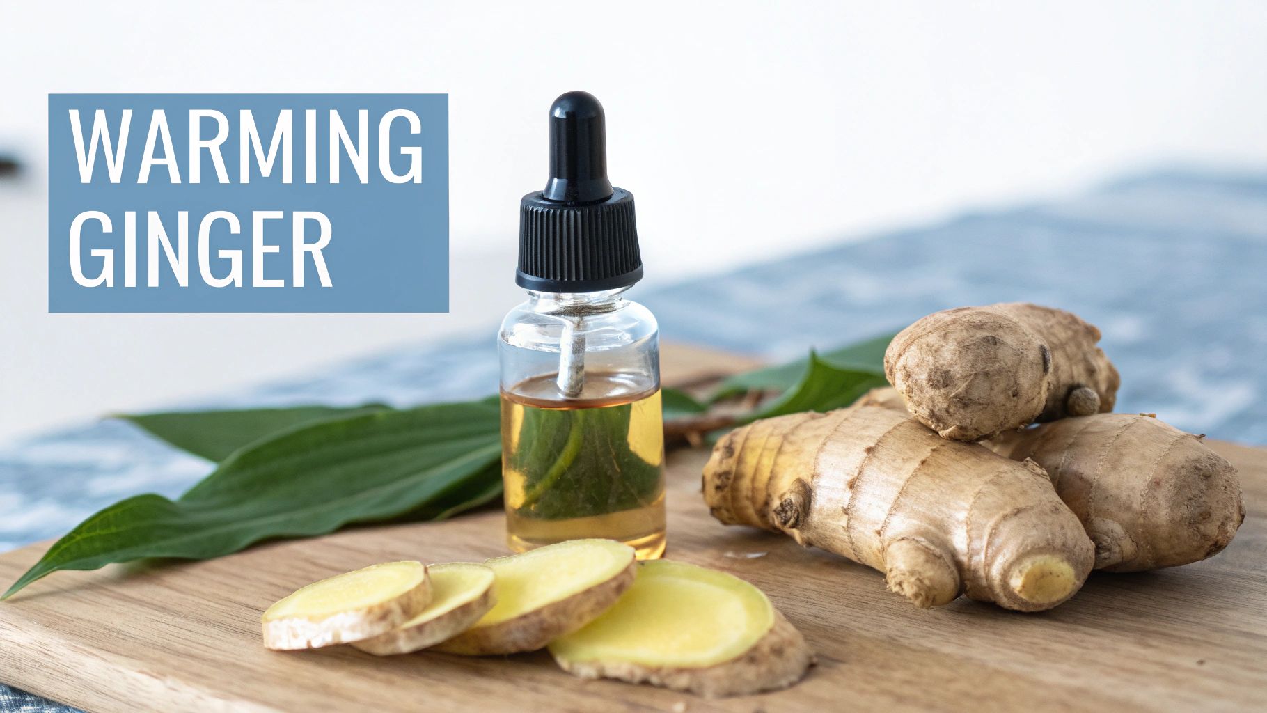 Ginger essential oil in a dropper bottle with fresh ginger roots and slices on a wooden surface.