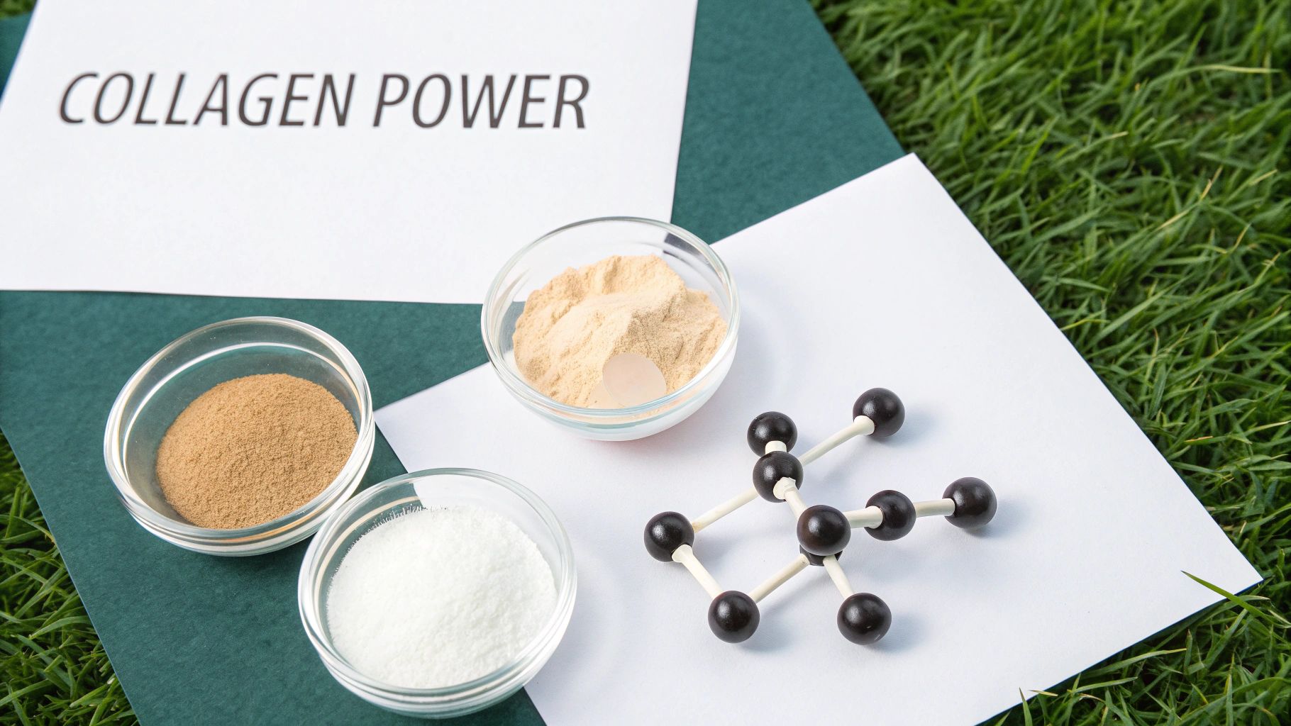 A close-up shot of collagen powder being scooped, with vibrant, healthy skin and joints artistically represented in the background.