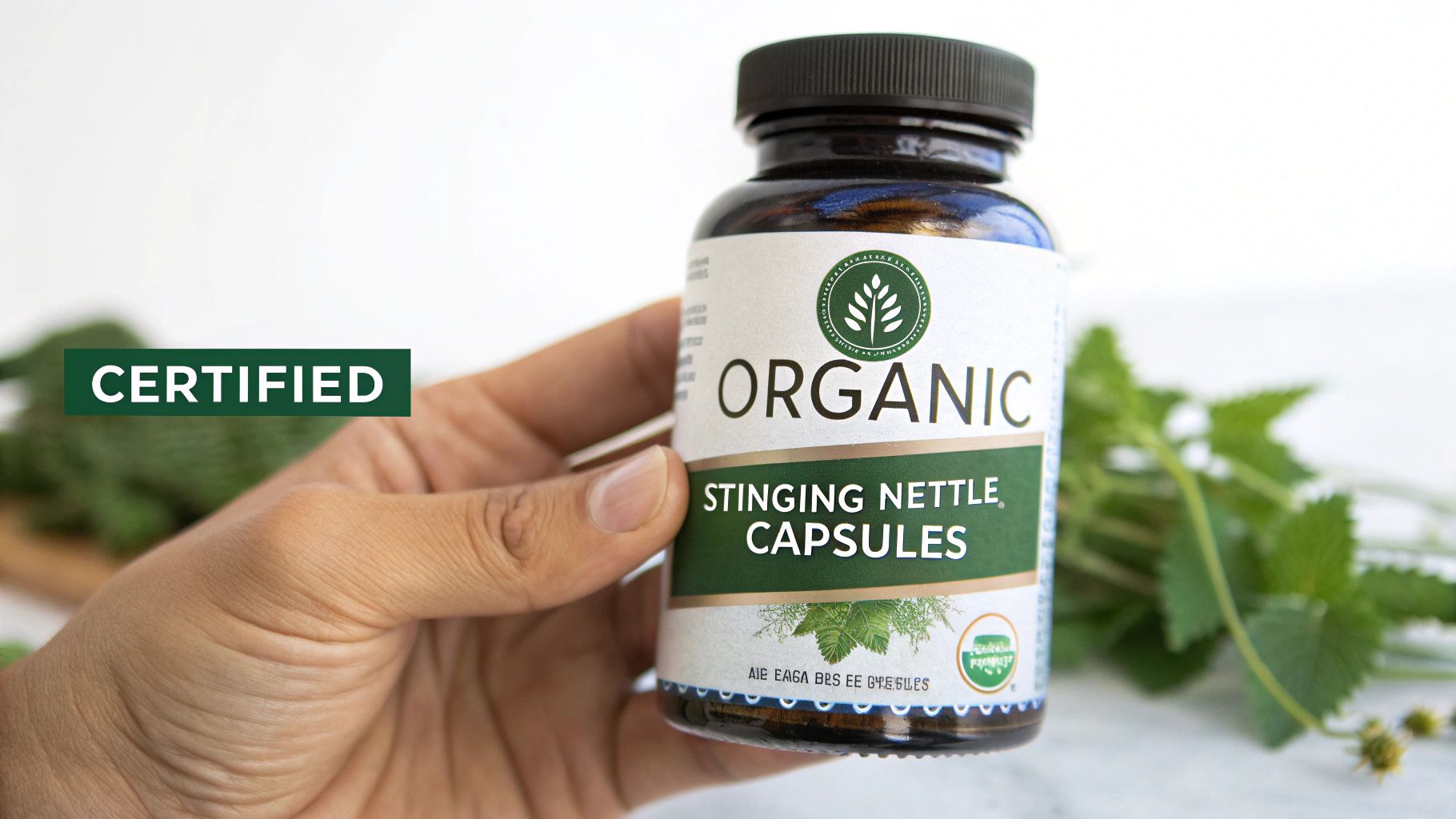 A hand holding a certified organic stinging nettle capsules bottle against a white background with green plants.