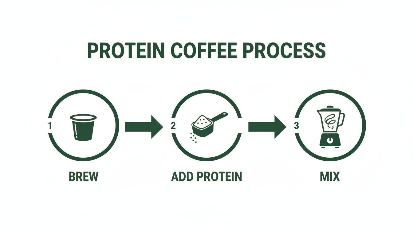 Infographic detailing a three-step protein coffee making process: brew, add protein, and mix.