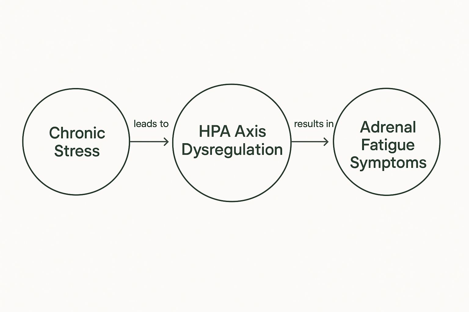 Infographic showing Chronic Stress leading to HPA Axis Dysregulation, which causes Adrenal Fatigue Symptoms