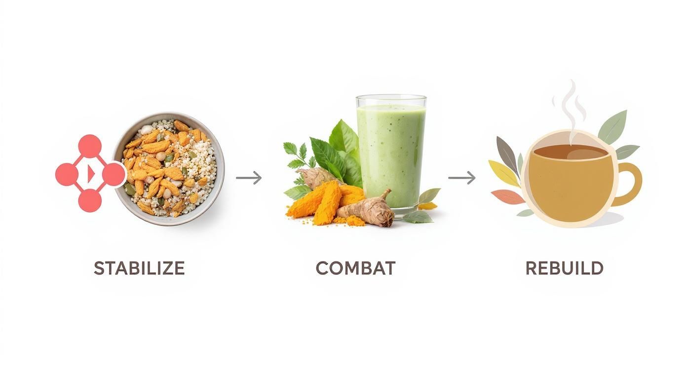A three-step health process: stabilize with a bowl of food, combat with a green smoothie, rebuild with hot tea.