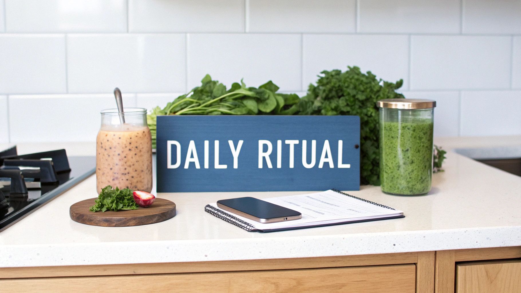 A bright, colorful display of whole food ingredients like acerola cherries, spinach, and carrots arranged around a bottle of organic supplements.