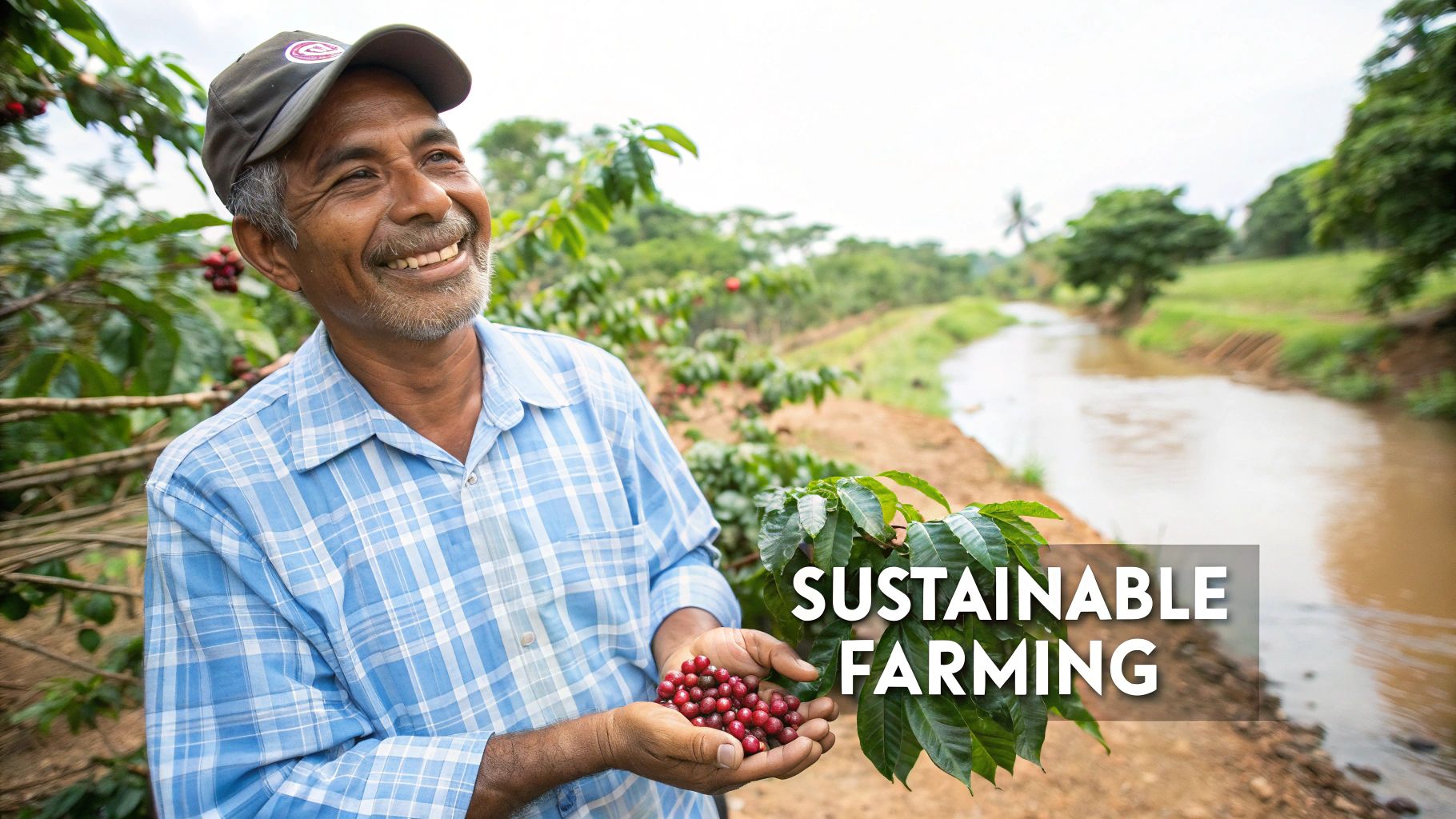 Smiling coffee farmer proudly holding red coffee cherries in a lush sustainable farm setting near a river.