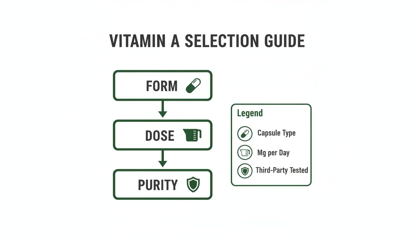 A flowchart titled 'Vitamin A Selection Guide' illustrating steps for form, dose, and purity, with a legend.
