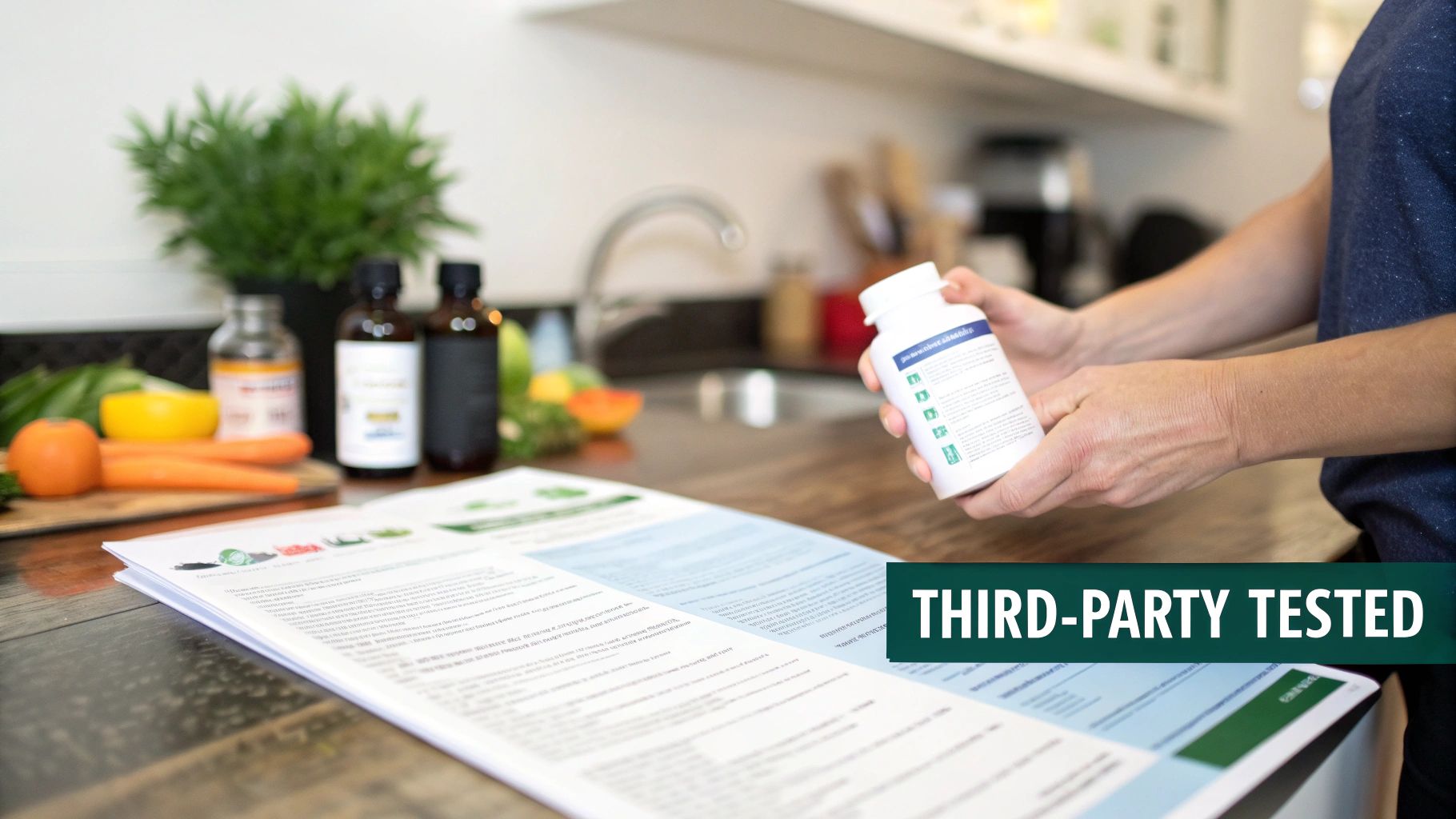 A person in a modern kitchen holds a "THIRD-PARTY TESTED" supplement bottle, with fresh produce nearby.