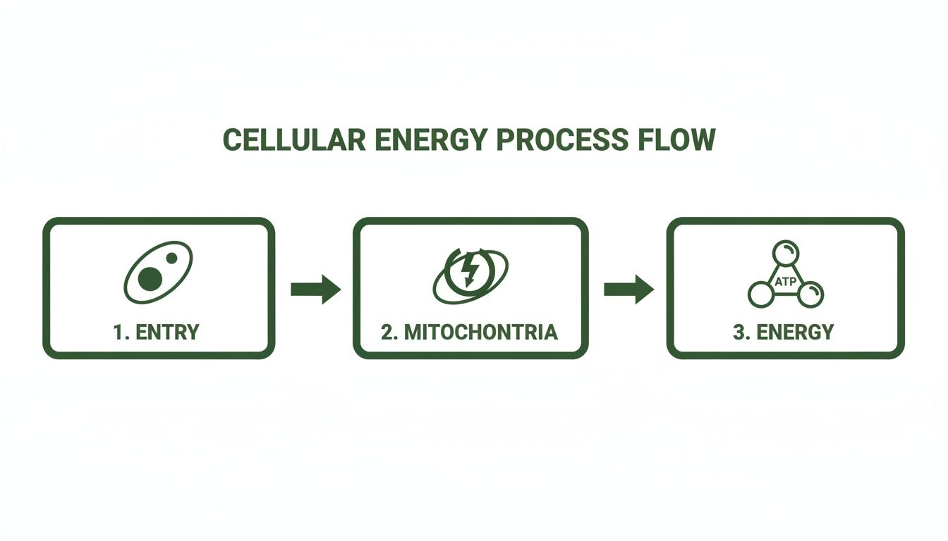 Flowchart illustrating the cellular energy process, from entry to mitochondria and ATP production.