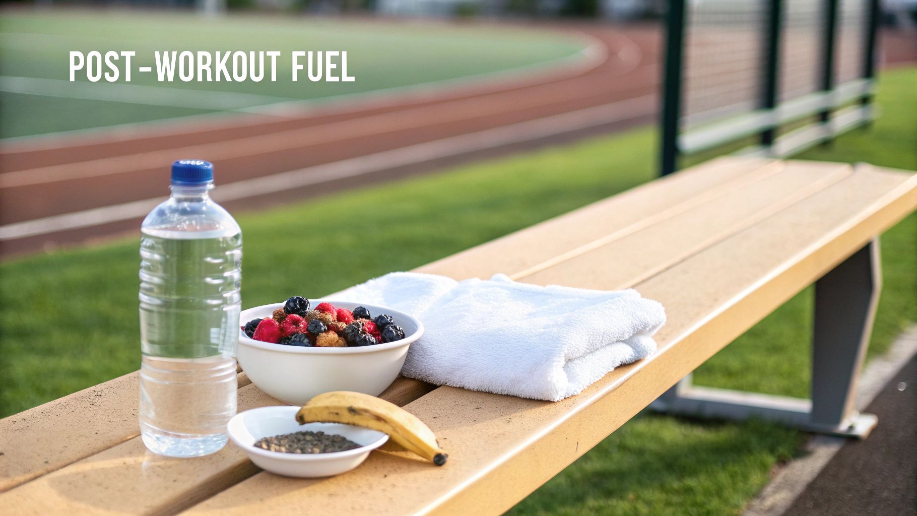 Post-workout fuel items including water, mixed berries, banana, and seeds on a bench by a running track.