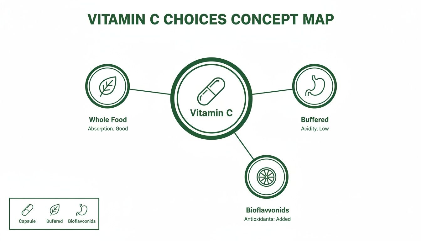 A concept map illustrating different Vitamin C choices, including whole food, buffered, and bioflavonoids options.