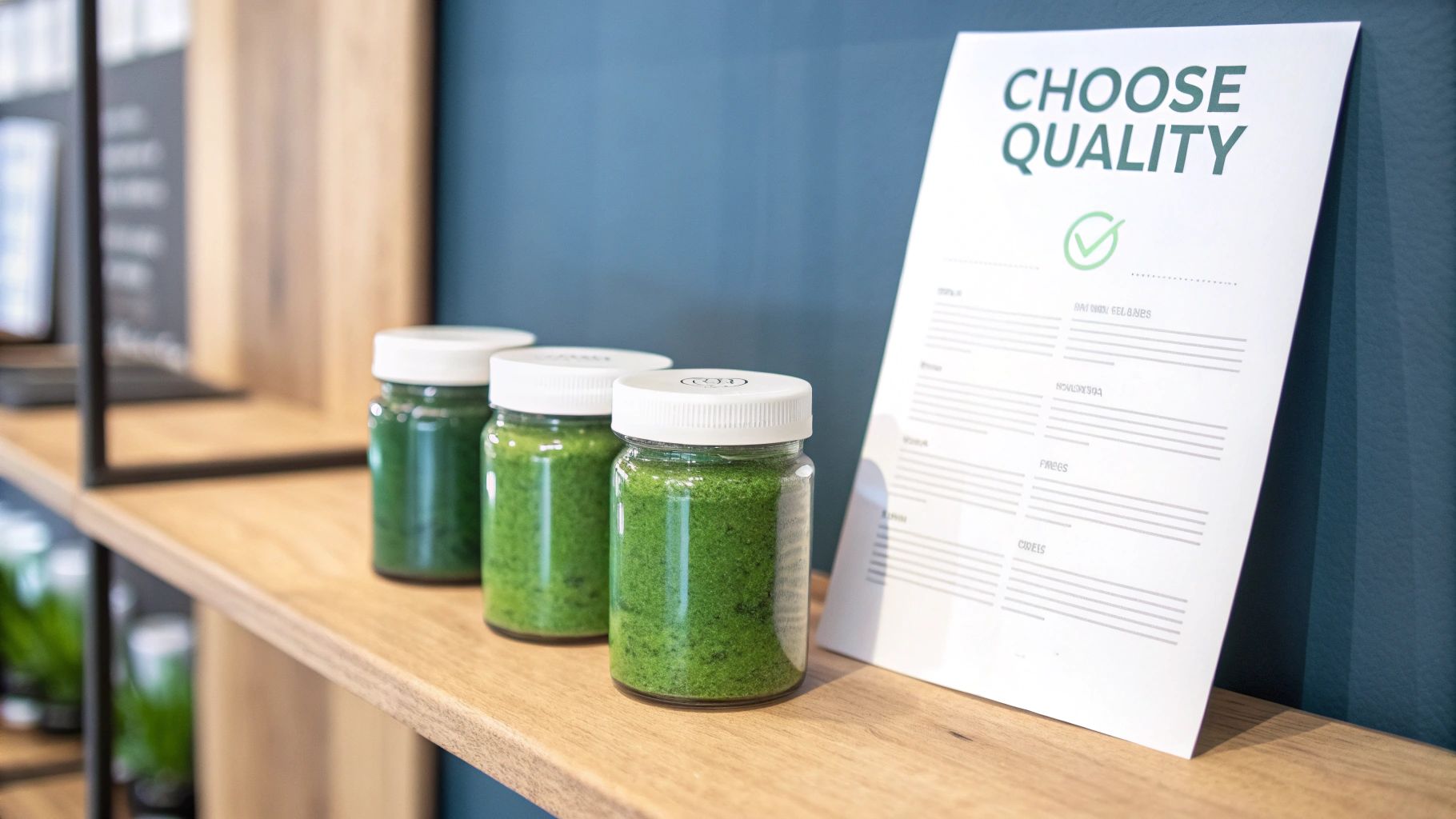 A person's hand holding a scoop of vibrant green powder over a glass, with fresh vegetables in the background.