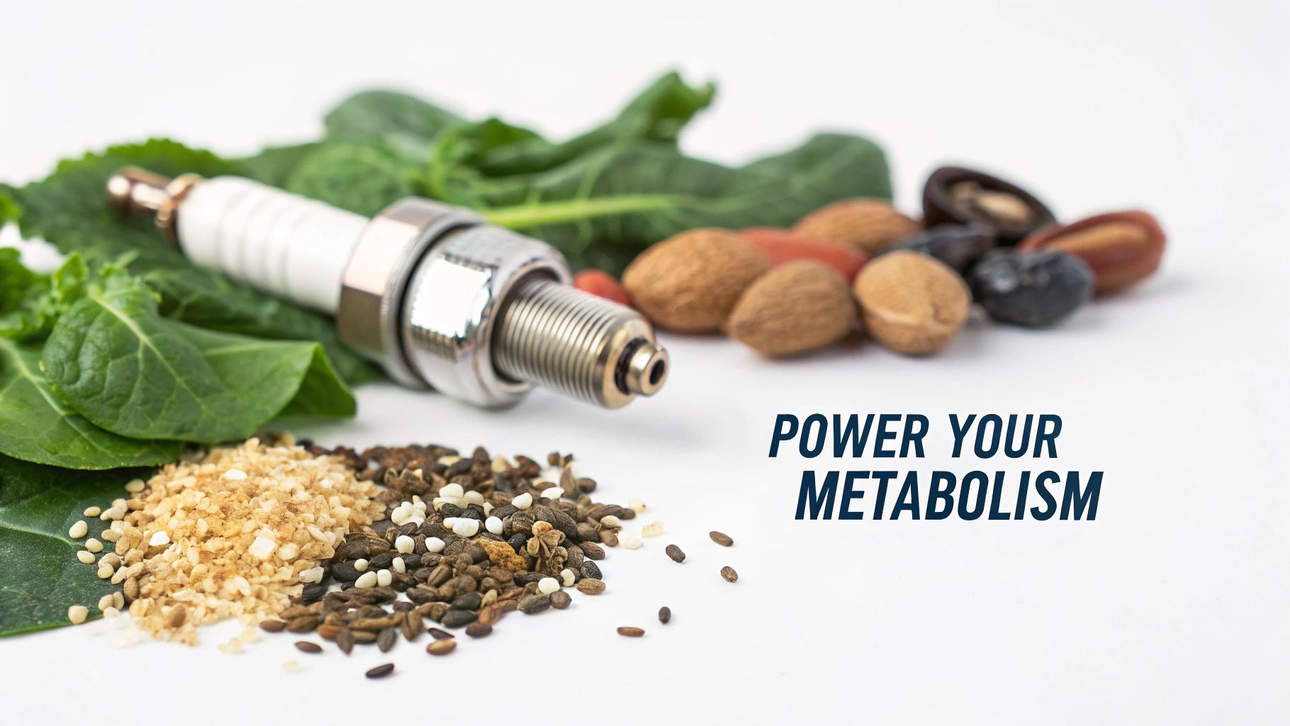 A spark plug next to spinach, almonds, dates, and various seeds, with 'POWER YOUR METABOLISM' text.
