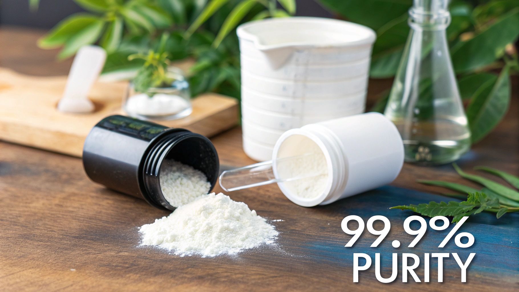 White powder, likely creatine, spilled from containers with measuring tools, emphasizing 99.9% purity.