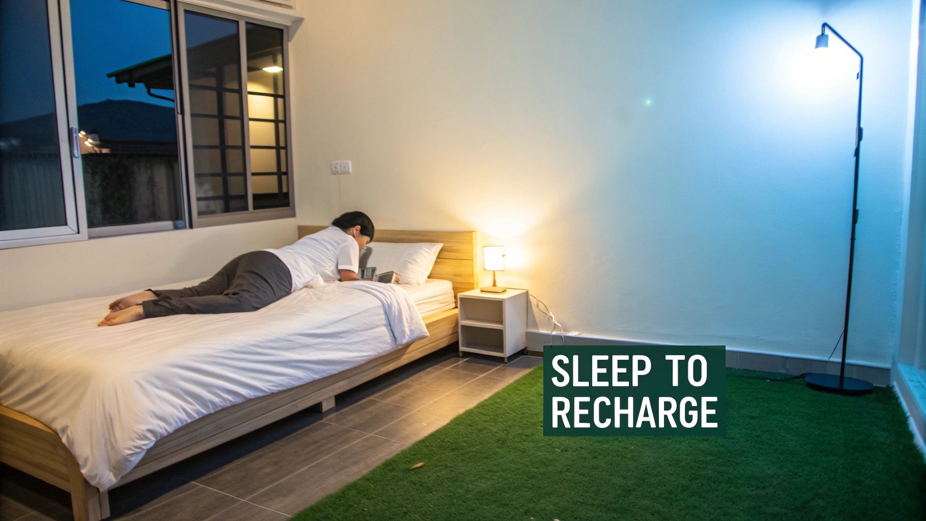 A serene and dark bedroom with moonlight gently filtering in, creating a perfect sleep environment.