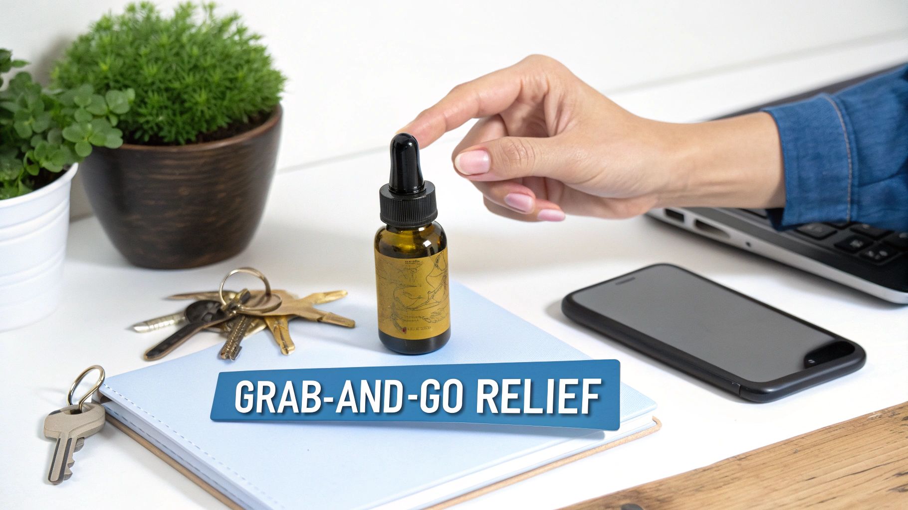 A hand presses a dark dropper bottle on a desk near keys and a phone, showcasing "GRAB-AND-GO RELIEF".