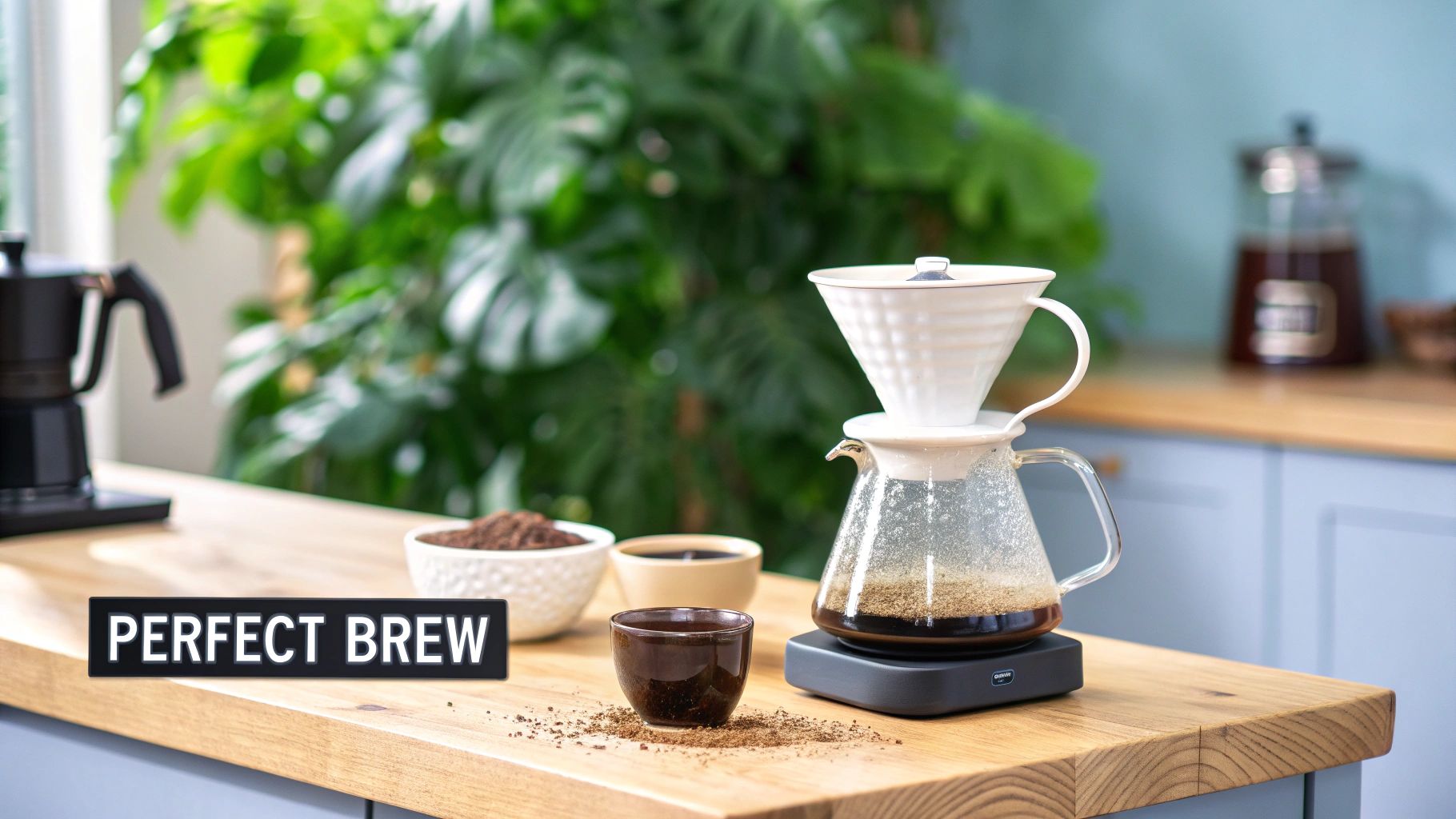 A pour-over coffee brewing setup on a wooden counter with coffee grounds and cups, featuring a 'PERFECT BREW' sign.