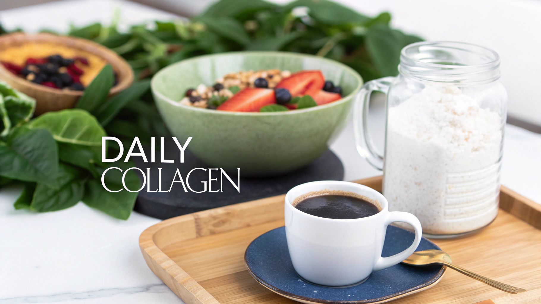 A healthy breakfast with a bowl of granola, fresh berries, coffee, and a jar of daily collagen powder.