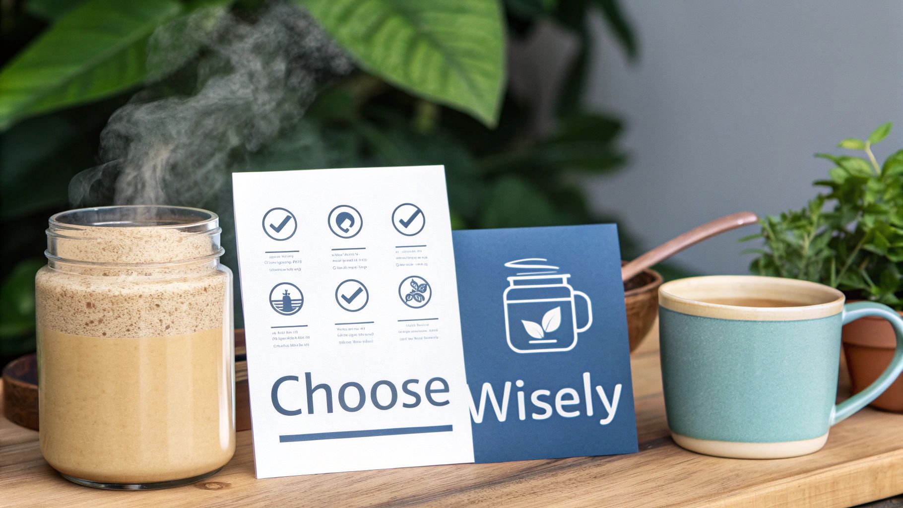 A person stirring bone broth protein powder into a cup of coffee in a bright, modern kitchen.