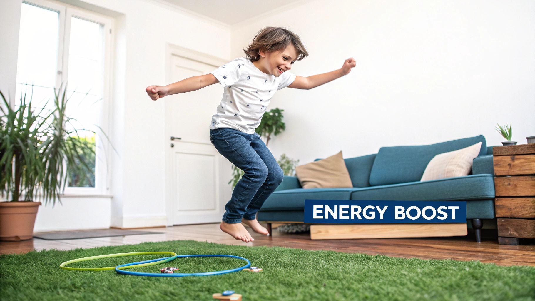 A happy child jumps barefoot on a green rug, playing in a bright living room, symbolizing an energy boost.