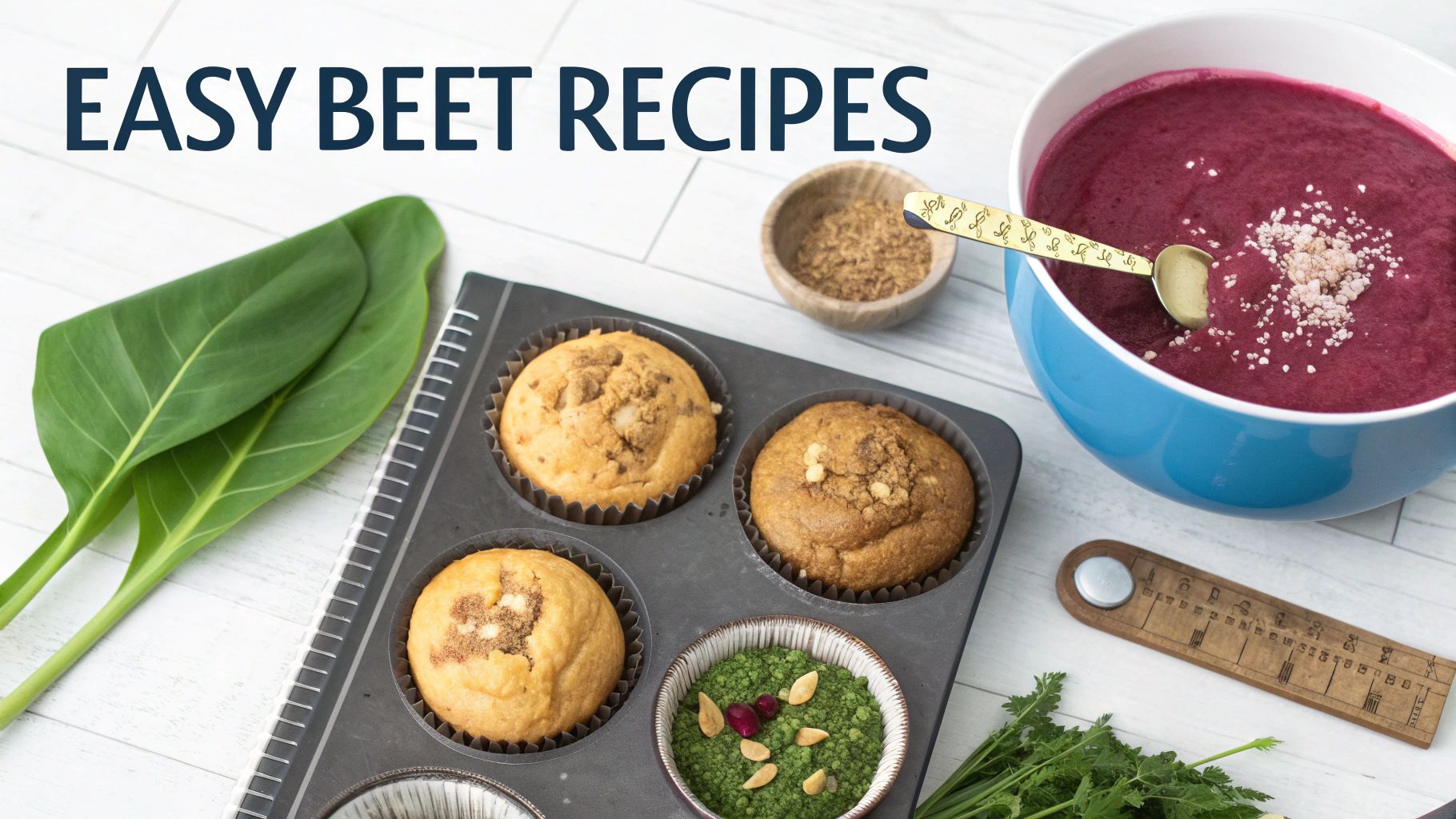 A flat lay showcasing easy beet recipes: vibrant beet soup, muffins, green dip, and powder.