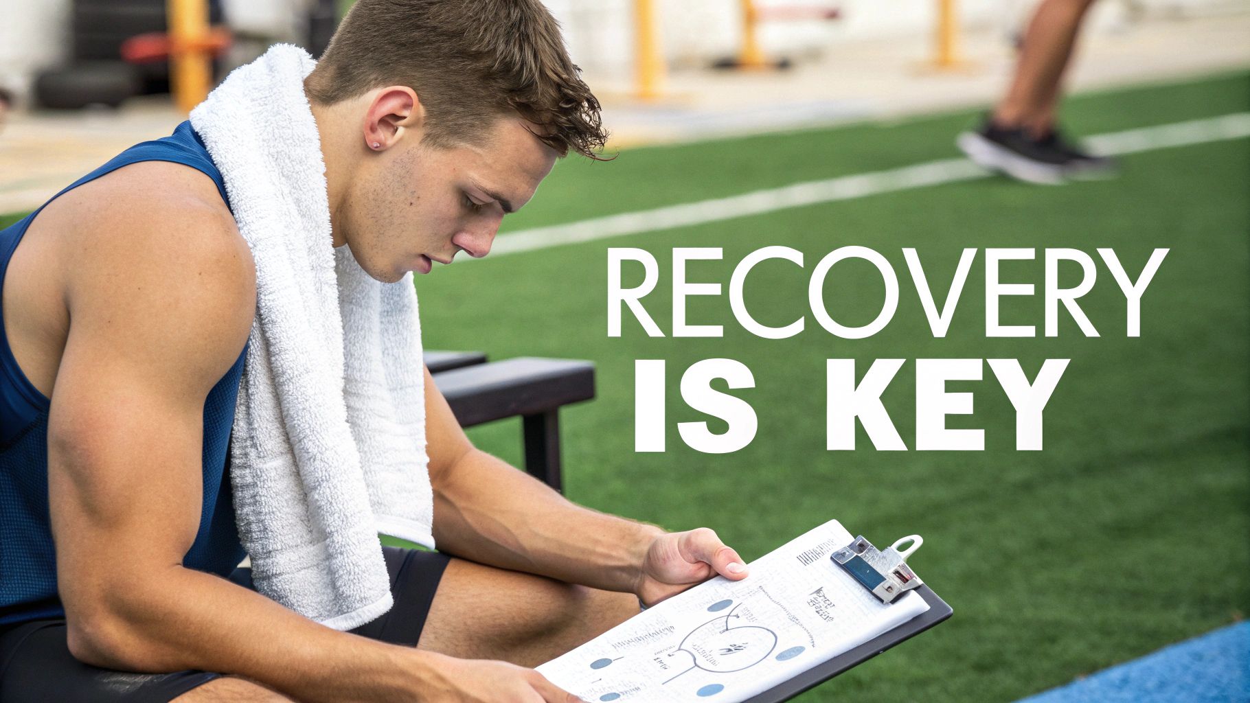 Man drinking a post-workout shake in a modern gym setting, looking focused on his recovery.