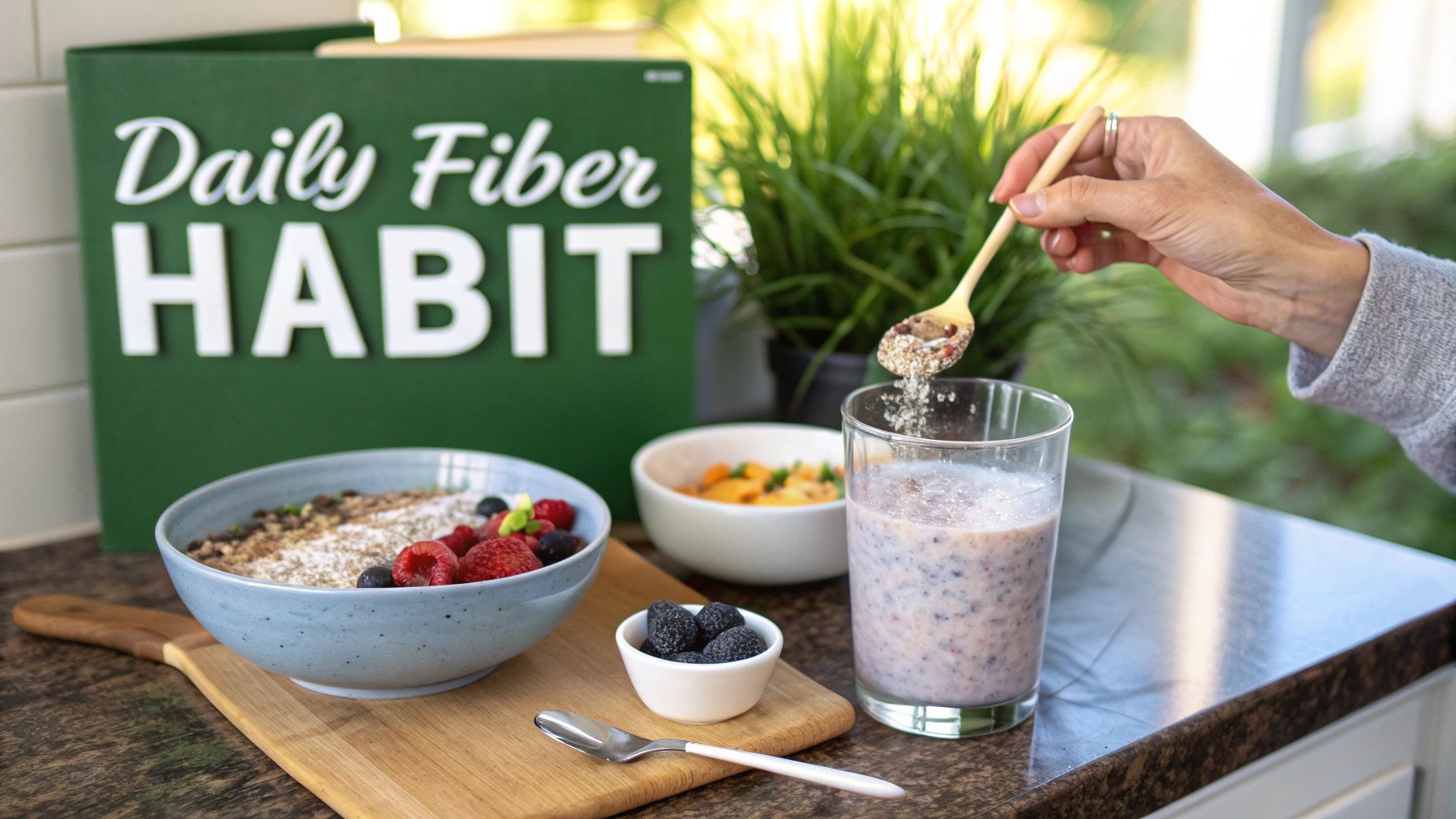 Hand adding fiber supplement to a berry smoothie, with a bowl of oatmeal and berries.