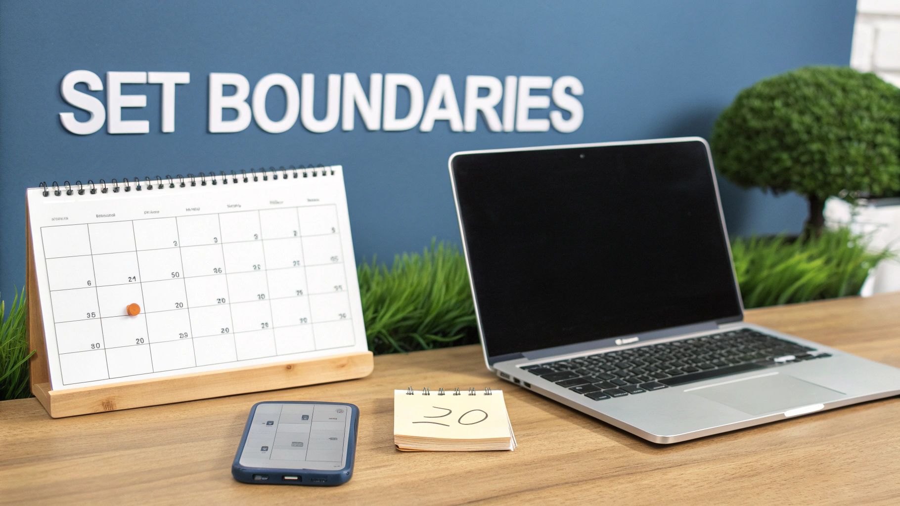 Desk setup with a 'SET BOUNDARIES' sign, laptop, calendar, and phone, promoting work-life balance.