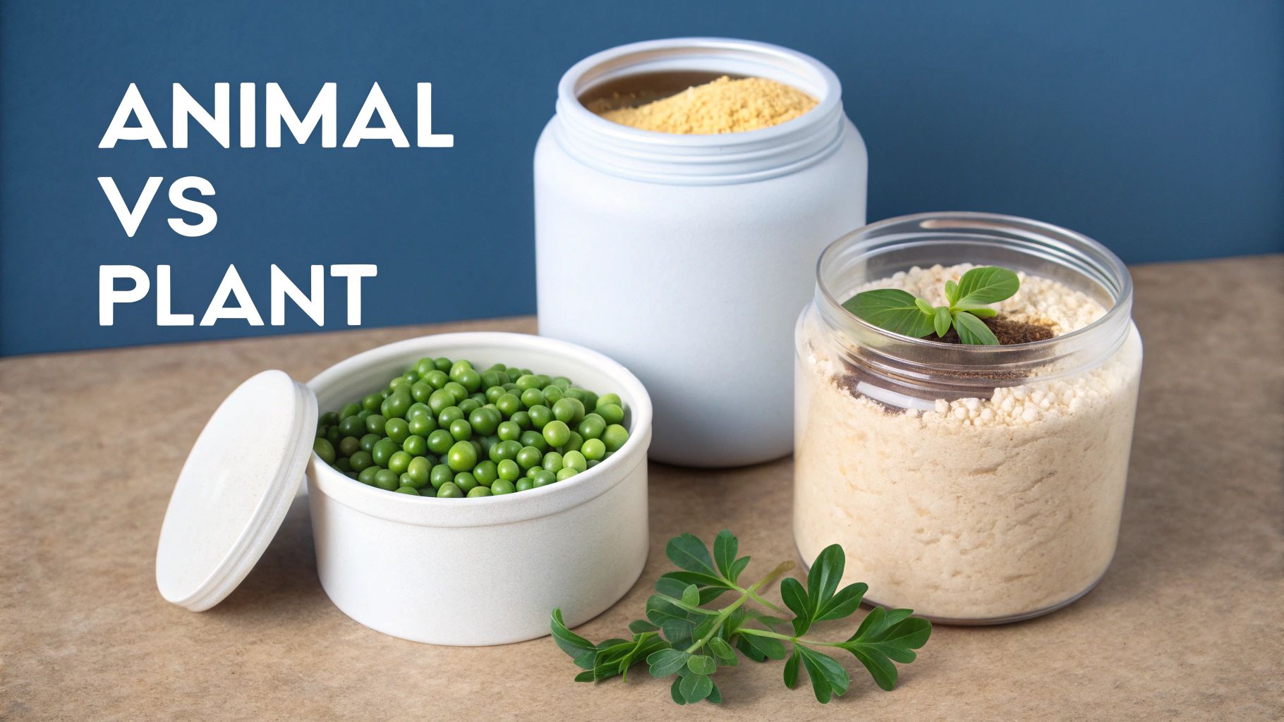 Three containers with plant-based ingredients like green peas and protein powders, illustrating animal vs plant sources.