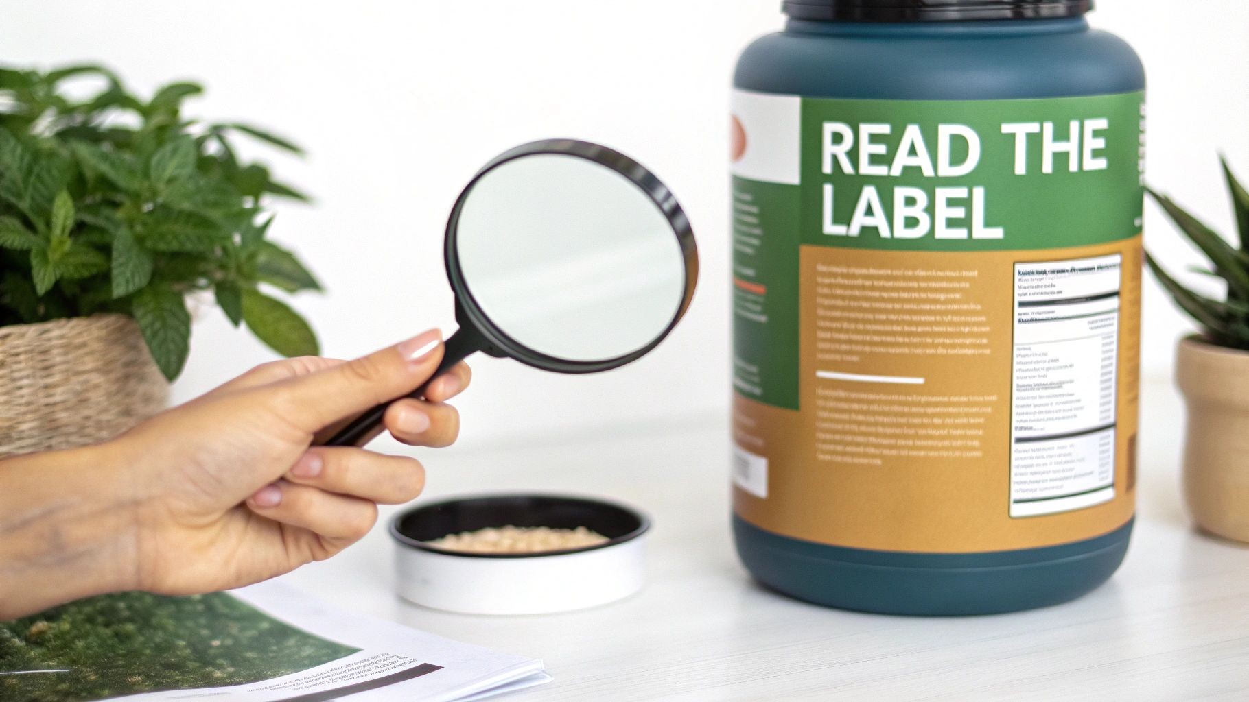 A person closely examining the nutrition label on a container of protein powder.