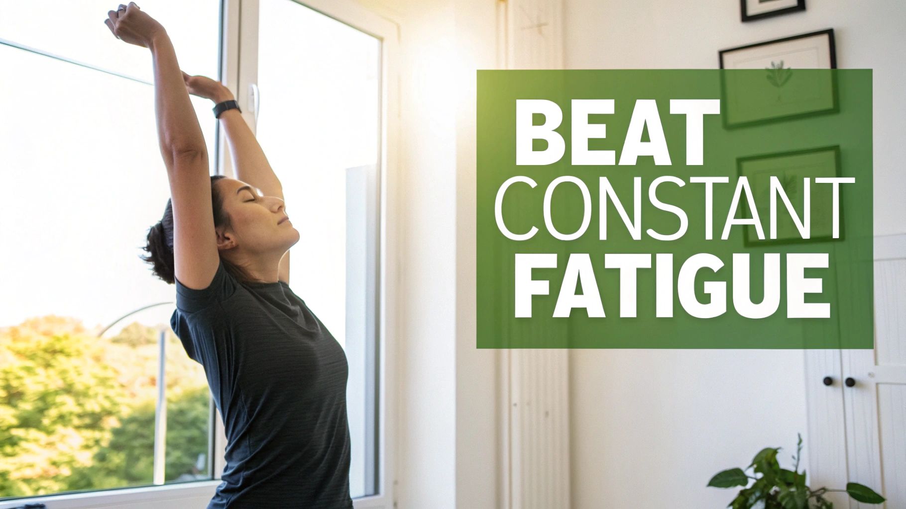 A woman stretching and feeling energized outdoors in the morning sun.