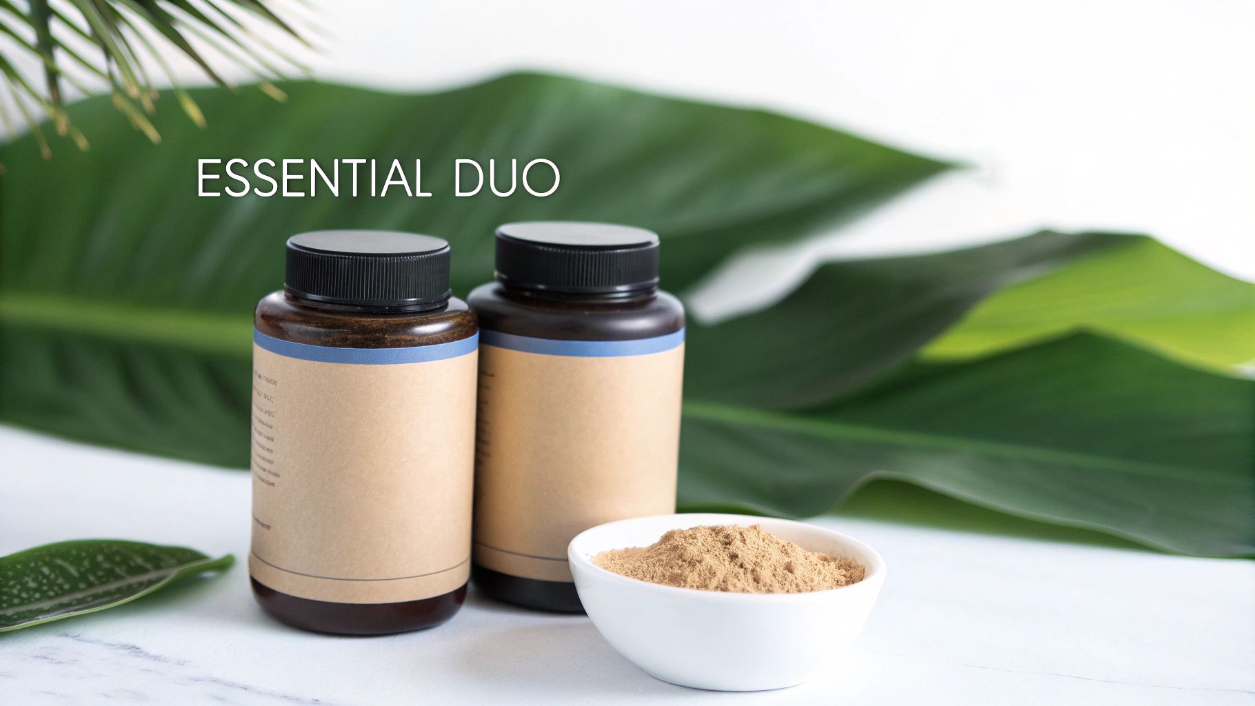 Two brown supplement bottles and a bowl of powdered ingredients on a white surface with green leaves and 'ESSENTIAL DUO' text.