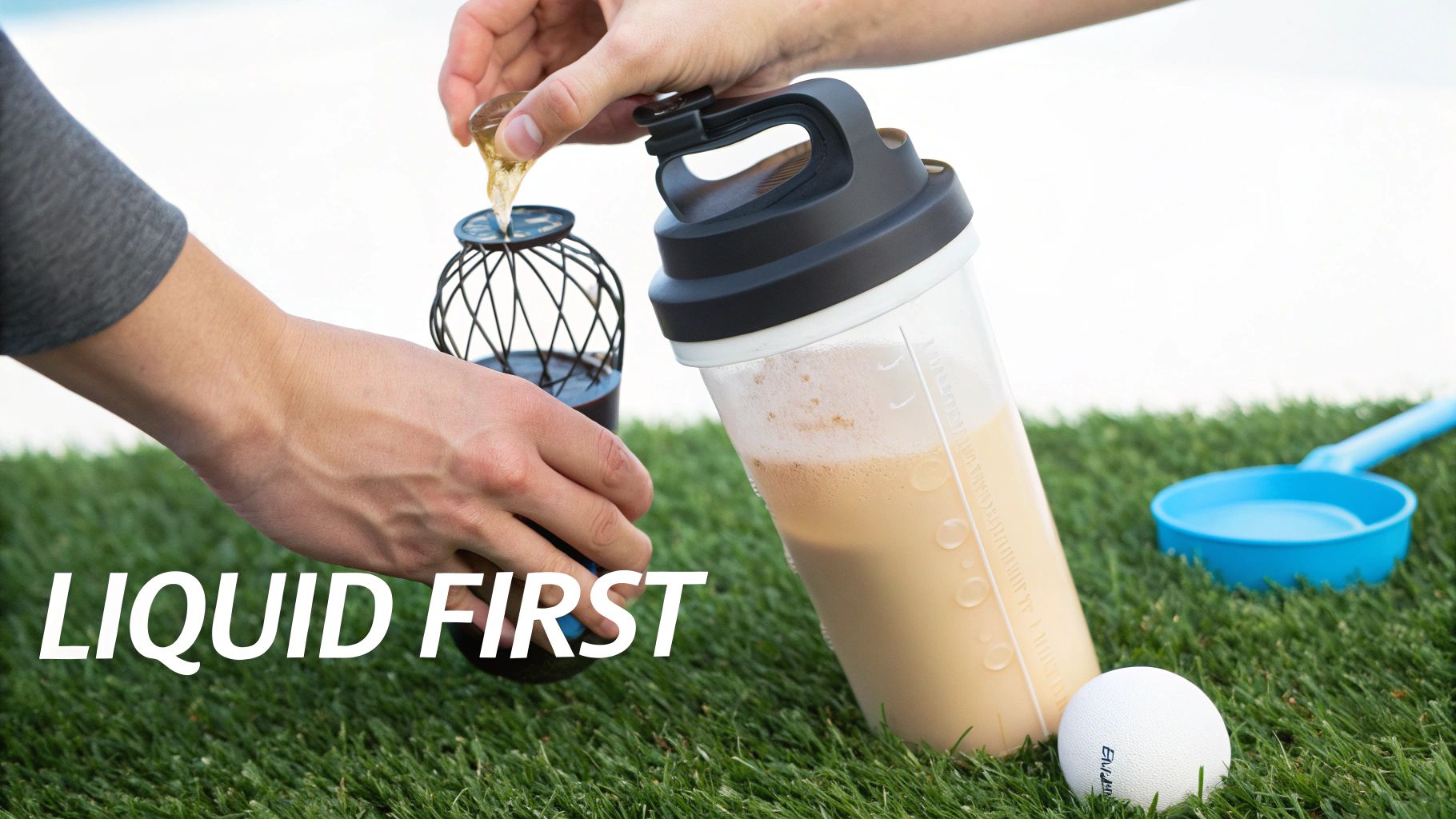 A person shaking a protein drink in a shaker bottle.