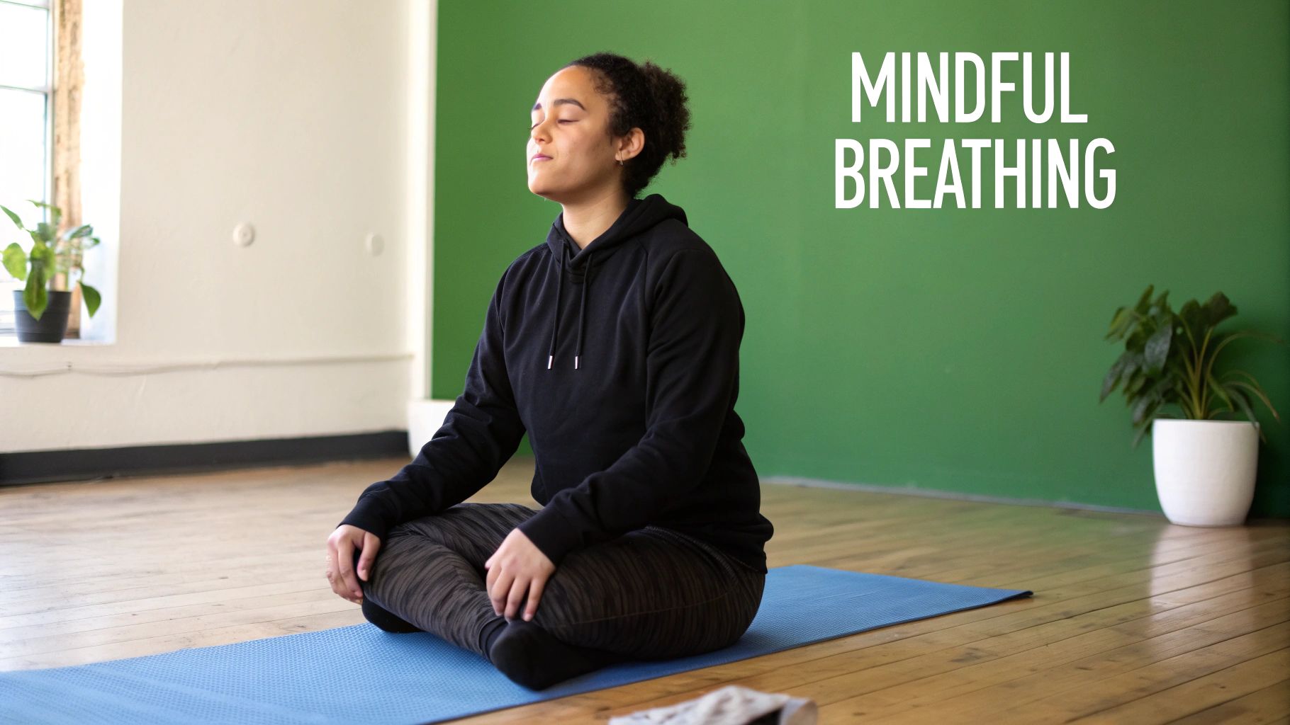 A woman peacefully meditating in a sunlit room.