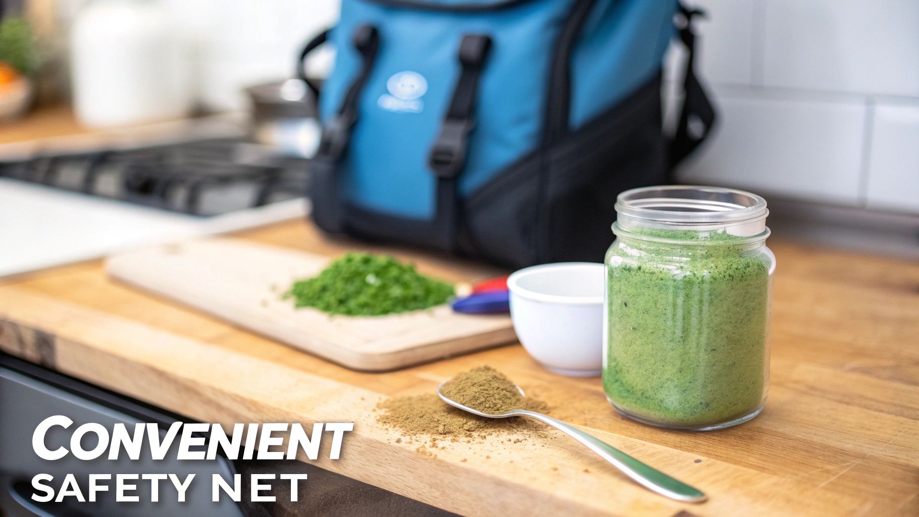 A vibrant scoop of greens powder held over a glass of water, symbolizing a healthy supplement.